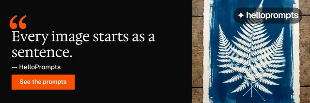 X header for HelloPrompts: "Prompts that show their work." Split block style, quote layout, dark palette in black, grey.