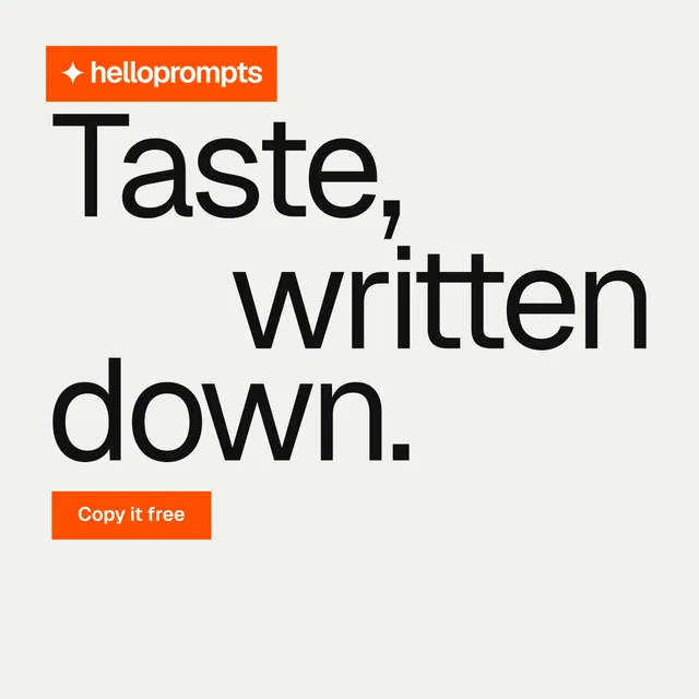 Instagram post for HelloPrompts: "Taste, written down." Swiss style, stacked layout, light palette in white, brown, orange.