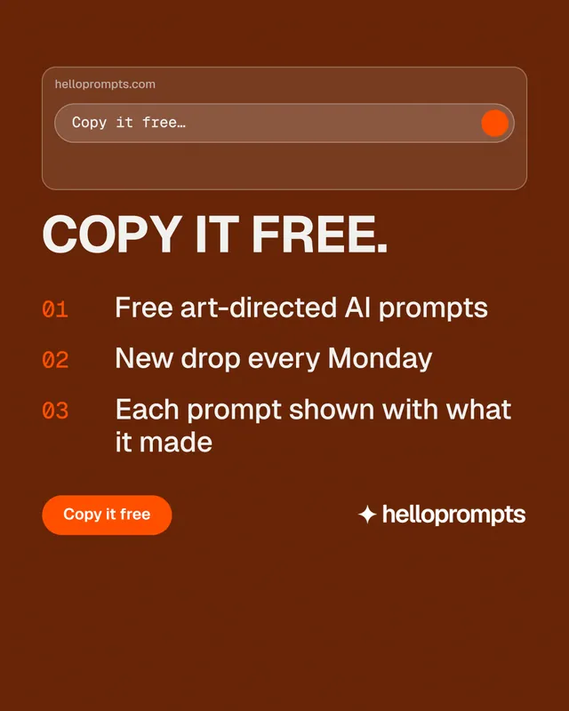 Instagram portrait post for HelloPrompts: "Copy it free." Y2K style, numbered layout, dark palette in orange, brown.