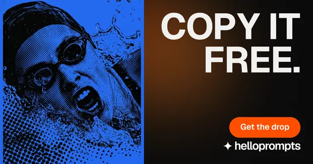 Social ad for HelloPrompts: "Copy it free." Y2K style, right layout, dark palette in black, blue, orange.