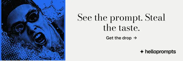 X header for HelloPrompts: "See the prompt. Steal the taste." Minimal luxury style, skeleton layout, light palette in white, blue.