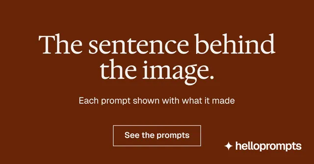 Social ad for HelloPrompts: "The sentence behind the image." Editorial style, centred layout, dark palette in orange, brown.