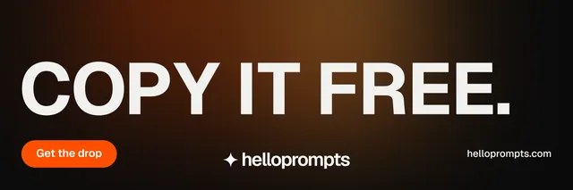 X header for HelloPrompts: "Copy it free." Y2K style, poster layout, dark palette in black, orange, grey.