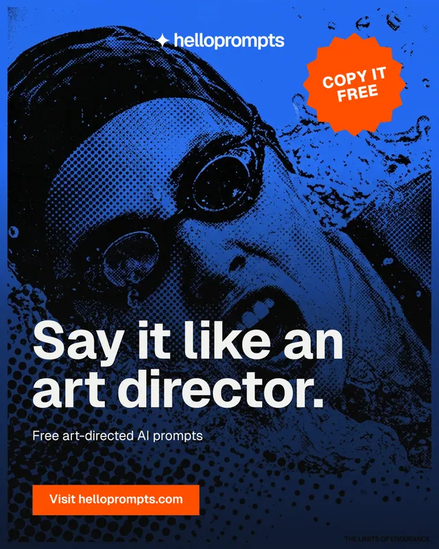 Instagram portrait post for HelloPrompts: "Say it like an art director." Split block style, sticker layout, dark palette in blue, black.