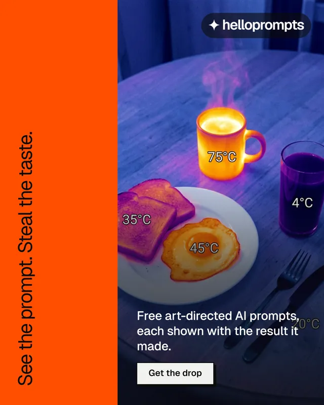 Instagram portrait post for HelloPrompts: "See the prompt. Steal the taste." Brutalist style, vertical layout, dark palette in orange, blue, grey.