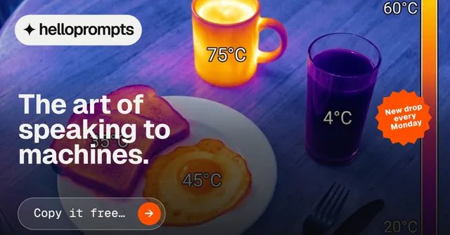 Social ad for HelloPrompts: "The art of speaking to machines." Agentic glass style, sticker layout, dark palette in blue, pink, orange.
