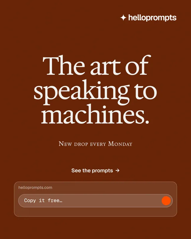 Instagram portrait post for HelloPrompts: "The art of speaking to machines." Y2K style, smallcaps layout, dark palette in orange, brown.