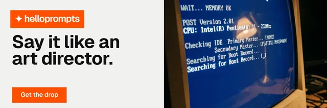 X header for HelloPrompts: "Say it like an art director." Swiss style, bottom layout, light palette in blue, white, red.