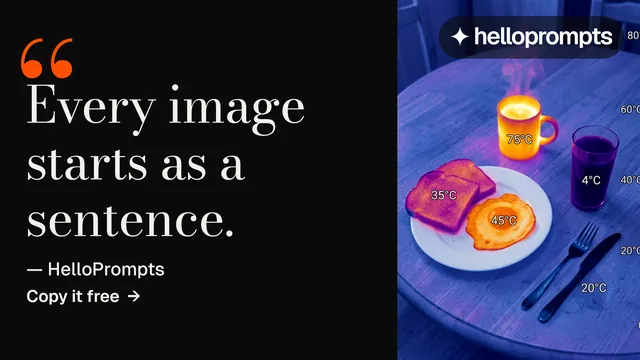 Landscape graphic for HelloPrompts: "Every image starts as a sentence." Minimal luxury style, quote layout, dark palette in black, blue.