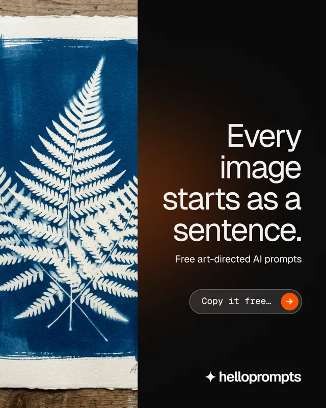 Instagram portrait post for HelloPrompts: "Every image starts as a sentence." Agentic glass style, right layout, dark palette in black, blue, grey.