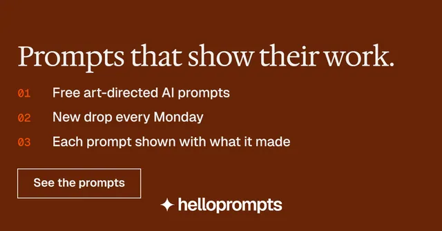 Social ad for HelloPrompts: "Prompts that show their work." Editorial style, numbered layout, dark palette in orange, brown.
