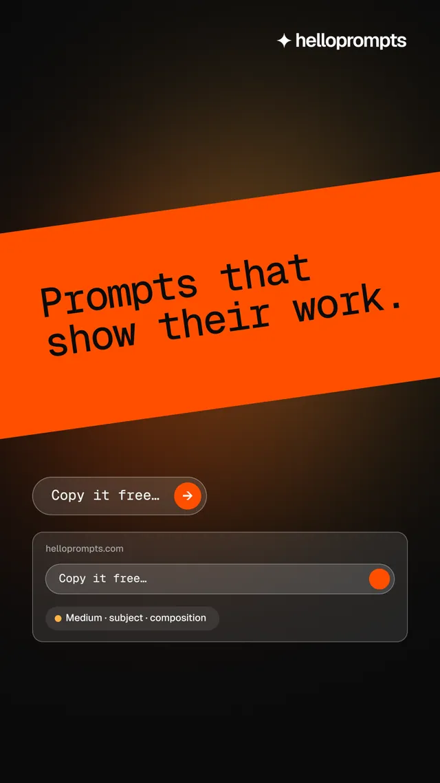Instagram story for HelloPrompts: "Prompts that show their work." Agentic glass style, diagonal layout, dark palette in orange, black.