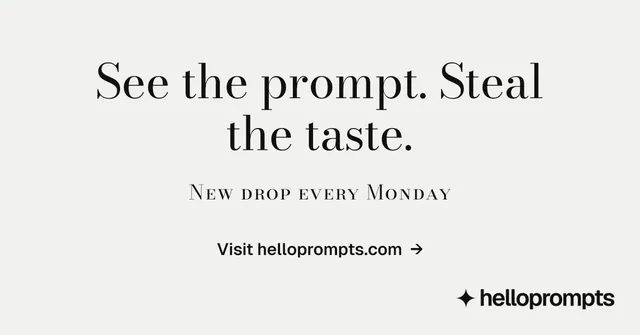 Social ad for HelloPrompts: "See the prompt. Steal the taste." Minimal luxury style, smallcaps layout, light palette in white, grey.