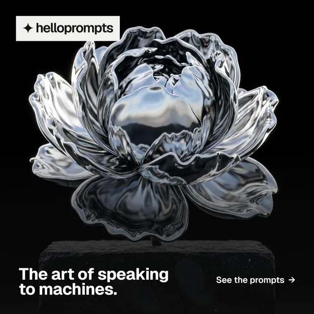 Instagram post for HelloPrompts: "The art of speaking to machines." Brutalist style, image led layout, dark palette in black, grey.