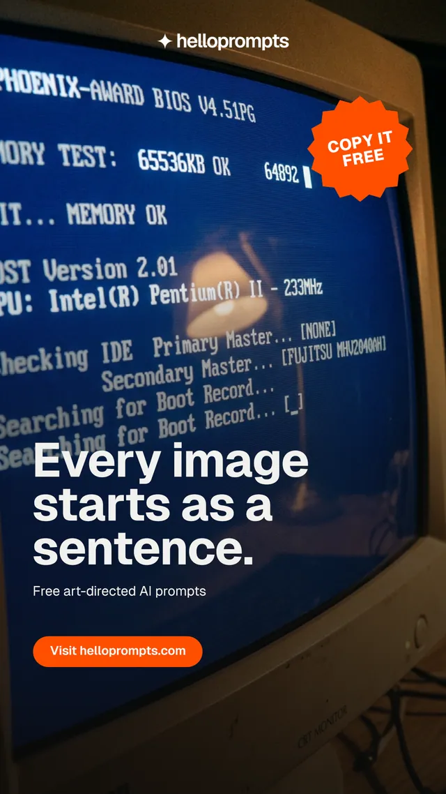 Instagram story for HelloPrompts: "Every image starts as a sentence." Y2K style, sticker layout, dark palette in blue, black, grey.