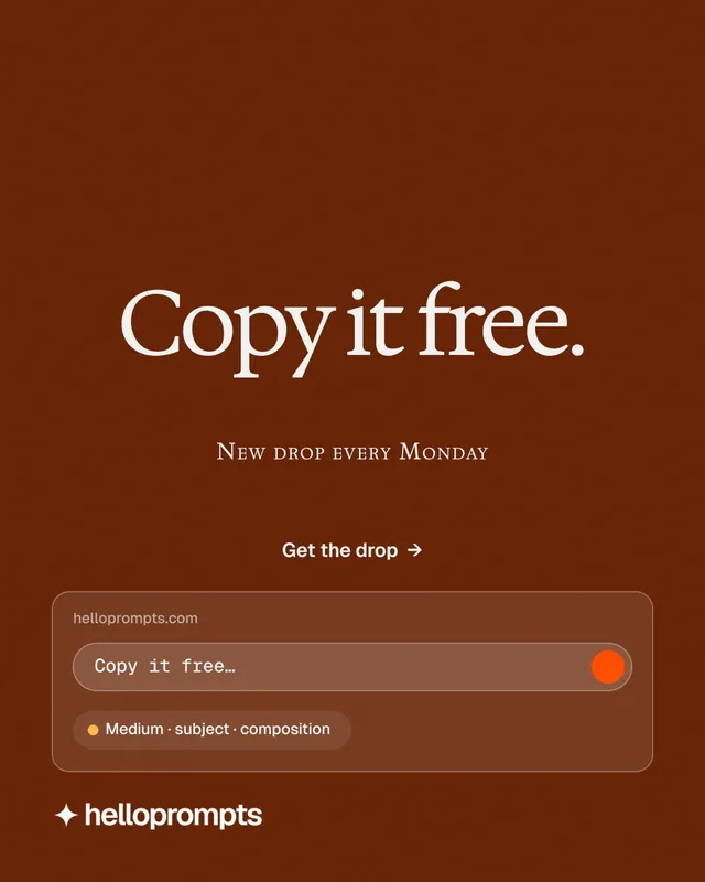 Instagram portrait post for HelloPrompts: "Copy it free." Agentic glass style, smallcaps layout, dark palette in orange.