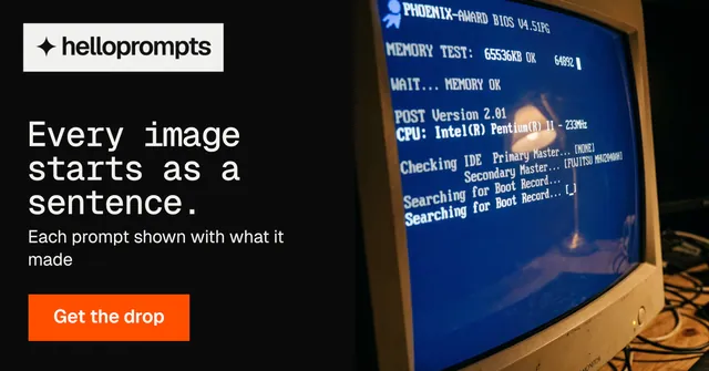 Social ad for HelloPrompts: "Every image starts as a sentence." Swiss style, bottom layout, dark palette in black, blue, grey.