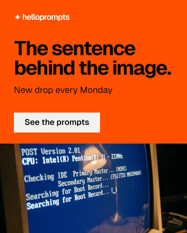 Instagram portrait post for HelloPrompts: "The sentence behind the image." Split block style, skeleton layout, dark palette in orange, blue, red.