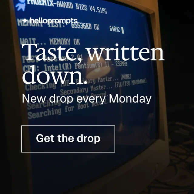 Instagram post for HelloPrompts: "Taste, written down." Editorial style, skeleton layout, dark palette in blue, black, grey.