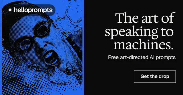 Social ad for HelloPrompts: "The art of speaking to machines." Editorial style, right layout, dark palette in black, blue.