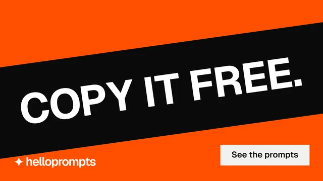 Landscape graphic for HelloPrompts: "Copy it free." Swiss style, diagonal layout, dark palette in orange, black.