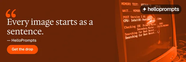 X header for HelloPrompts: "The art of speaking to machines." Y2K style, quote layout, dark palette in orange.