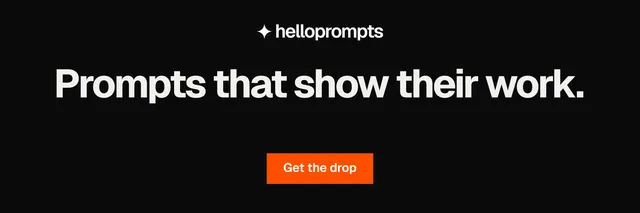 X header for HelloPrompts: "Prompts that show their work." Split block style, centred layout, dark palette in black, grey.