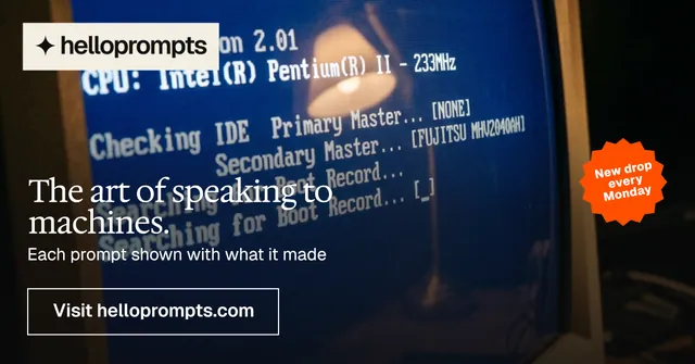 Social ad for HelloPrompts: "The art of speaking to machines." Editorial style, sticker layout, dark palette in blue, grey, black.