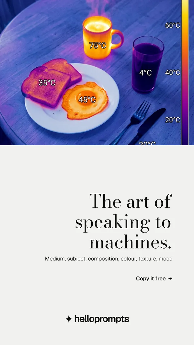 Instagram story for HelloPrompts: "The art of speaking to machines." Minimal luxury style, right layout, light palette in white, blue, grey.
