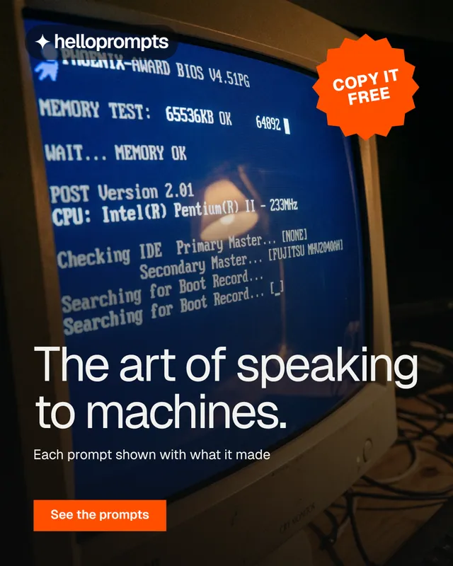 Instagram portrait post for HelloPrompts: "The art of speaking to machines." Split block style, sticker layout, dark palette in black, blue, red.
