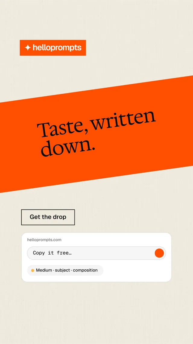 Instagram story for HelloPrompts: "Taste, written down." Editorial style, diagonal layout, light palette in orange, white.