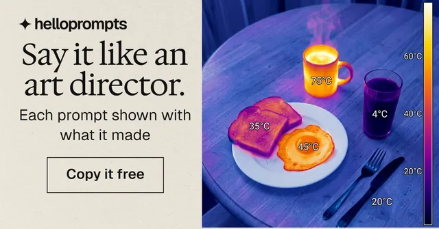 Social ad for HelloPrompts: "Say it like an art director." Editorial style, skeleton layout, light palette in blue, yellow, grey.