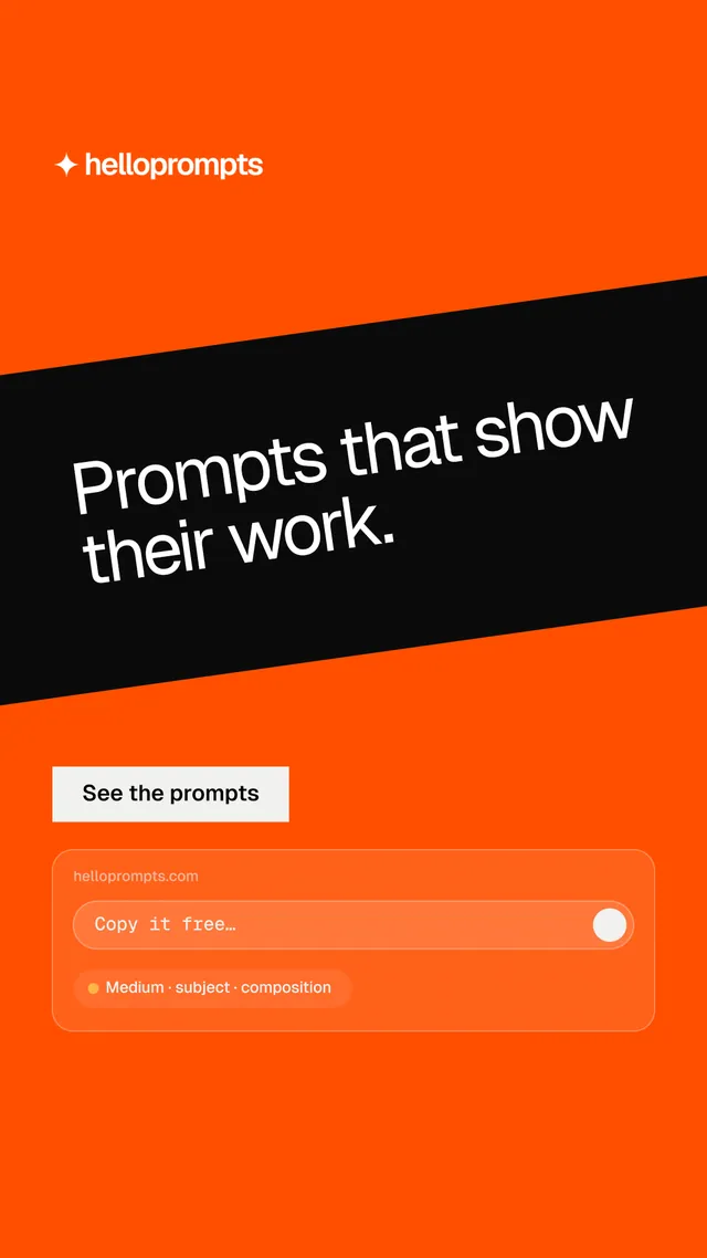 Instagram story for HelloPrompts: "Prompts that show their work." Split block style, diagonal layout, dark palette in orange.
