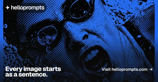 Social ad for HelloPrompts: "Every image starts as a sentence." Brutalist style, image led layout, dark palette in black, blue.