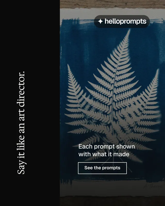 Instagram portrait post for HelloPrompts: "Say it like an art director." Editorial style, vertical layout, dark palette in black, blue, grey.