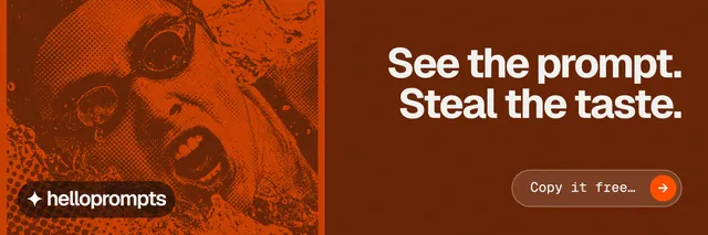 X header for HelloPrompts: "See the prompt. Steal the taste." Agentic glass style, right layout, dark palette in orange, brown.