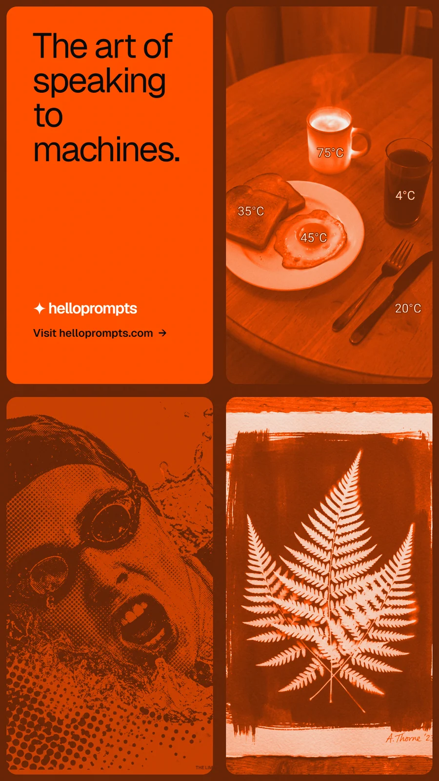 Instagram story for HelloPrompts: "The art of speaking to machines." Agentic glass style, collage layout, dark palette in orange.