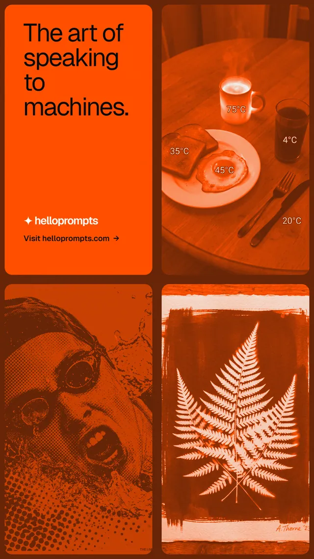 Instagram story for HelloPrompts: "The art of speaking to machines." Agentic glass style, collage layout, dark palette in orange.