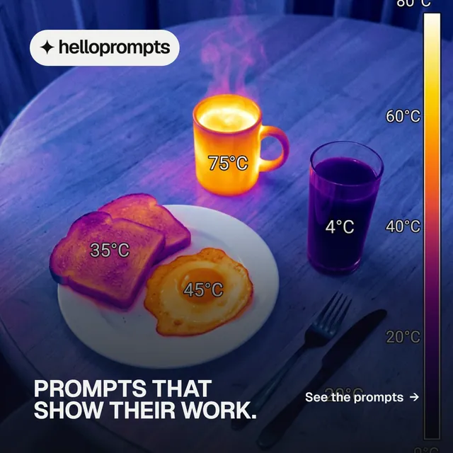 Instagram post for HelloPrompts: "Prompts that show their work." Y2K style, image led layout, dark palette in blue, grey, pink.