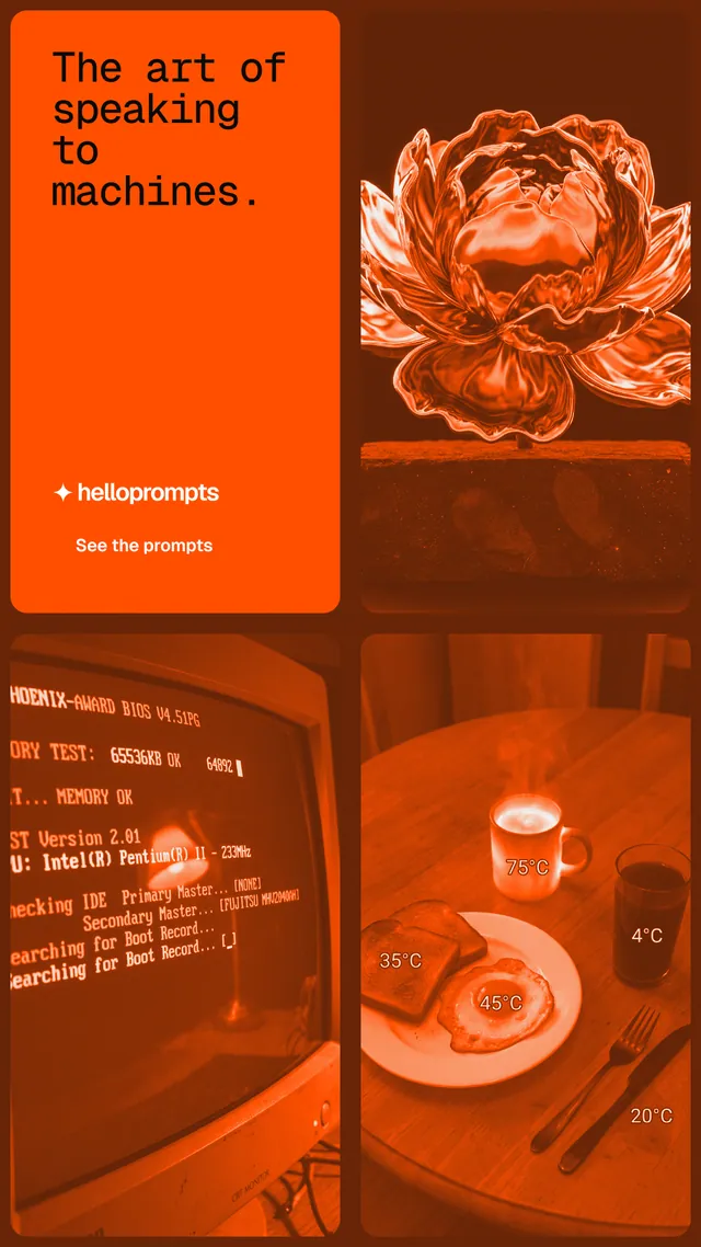 Instagram story for HelloPrompts: "The art of speaking to machines." Y2K style, collage layout, dark palette in orange.