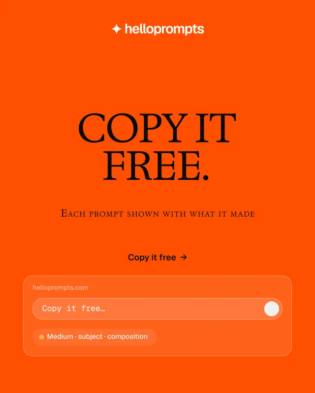 Instagram portrait post for HelloPrompts: "Copy it free." Split block style, smallcaps layout, light palette in orange.