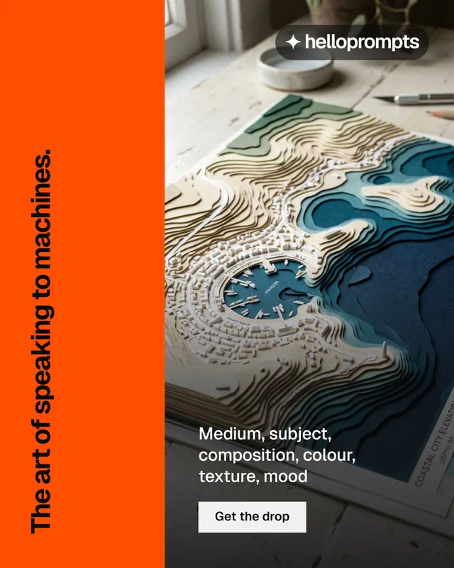 Instagram portrait post for HelloPrompts: "The art of speaking to machines." Swiss style, vertical layout, dark palette in orange, blue, grey.
