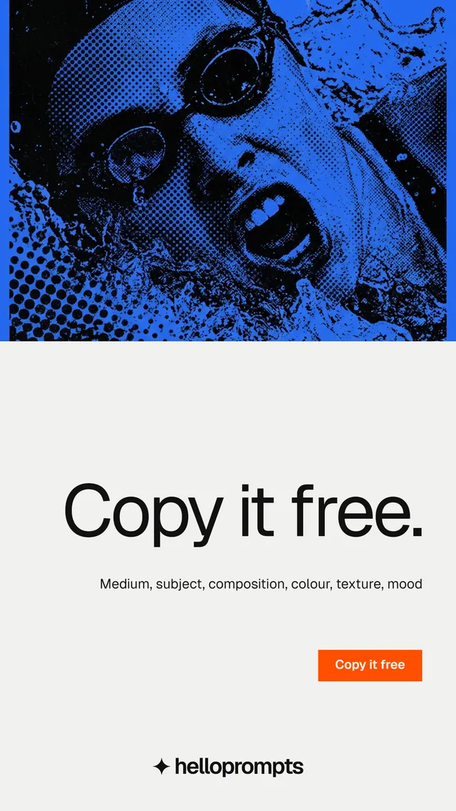 Instagram story for HelloPrompts: "Copy it free." Swiss style, right layout, light palette in white, blue.
