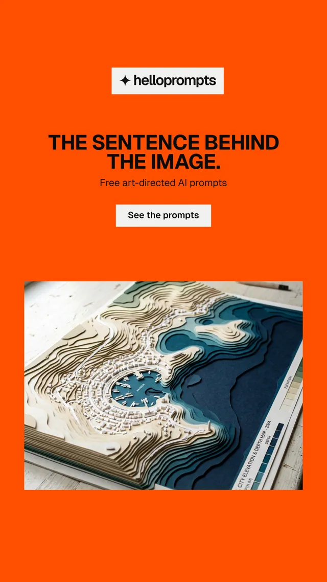 Instagram story for HelloPrompts: "The sentence behind the image." Split block style, centred layout, light palette in orange, grey, brown.