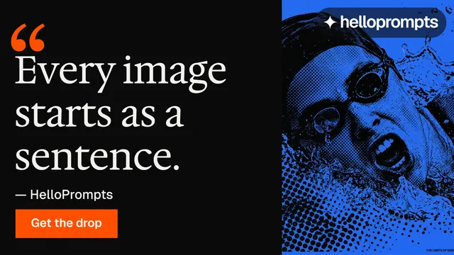 Landscape graphic for HelloPrompts: "Prompts that show their work." Brutalist style, quote layout, dark palette in black, blue.