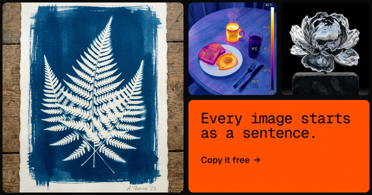 Social ad for HelloPrompts: "Every image starts as a sentence." Agentic glass style, collage layout, dark palette in blue, red, grey.
