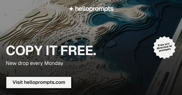 Social ad for HelloPrompts: "Copy it free." Brutalist style, sticker layout, dark palette in grey, black.