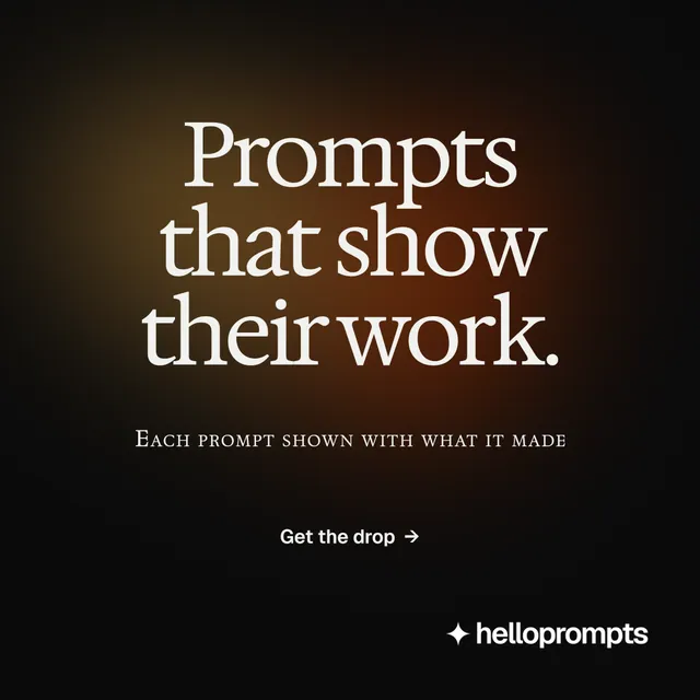Instagram post for HelloPrompts: "Prompts that show their work." Y2K style, smallcaps layout, dark palette in black, orange.