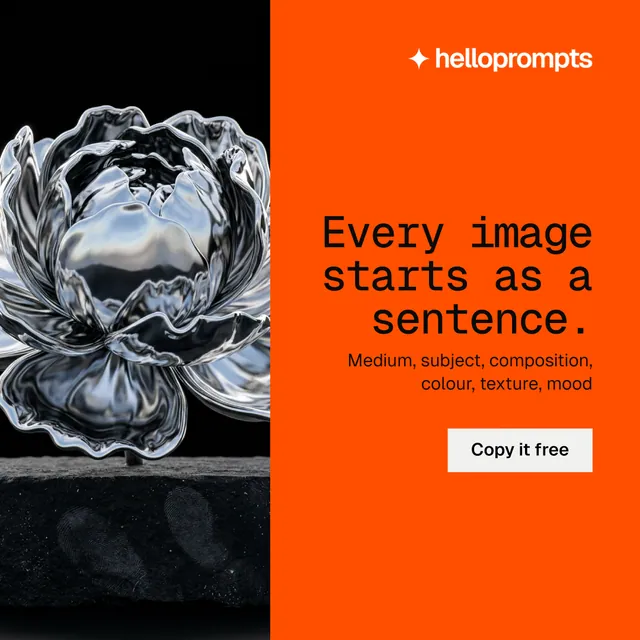 Instagram post for HelloPrompts: "Every image starts as a sentence." Split block style, right layout, dark palette in orange, black, brown.