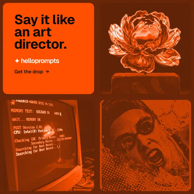 Instagram post for HelloPrompts: "Say it like an art director." Agentic glass style, collage layout, dark palette in orange.